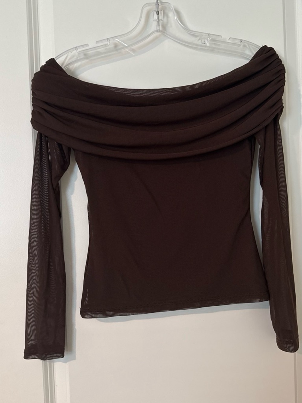 See You Monday Off-Shoulder Long Sleeve Mesh Top in Dark Brown